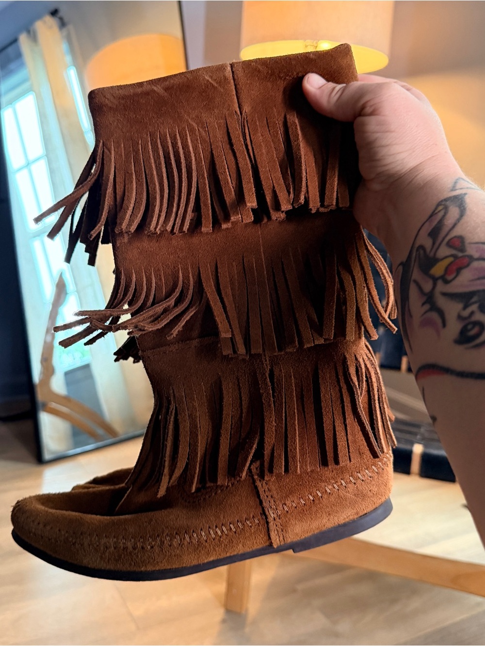 Minnetonka Brown Suede Layered Fringe Moccasin Boot